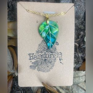 Leaf green and gold abalone necklace pendant